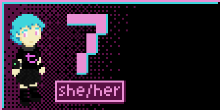 [image: pixel art sprite of a 160 something month old girl with white skin and short blue hair reaching her neck, with natural magenta eyes, wearing a black T shirt and black plaid skirt and tall black boots, with a terminal strapped to her arm and an interface collar around her neck, looking down toward something on her terminal and away from the viewer.] [text: 7, she/her]