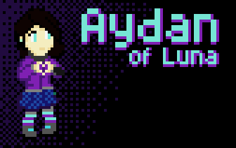 pixel drawing of young enby with white skin, long dark brown hair, light blue eyes, wearing purple coat, blue plaid skirt, stripey blue and purple socks and grey leggings and shoes with blue LEDs, with a terminal strapped to its arm and a collar around their neck, making a heart with her hands. text: Aydan of Luna