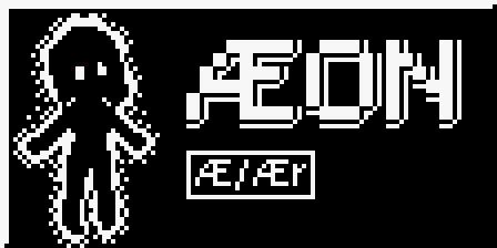 [image: pixel art sprite of the avatar of an entity in the shape of a young enby femboy but composed of complete darkness except Ær eyes surrounded by bright white rings, Ær entire avatar is surrounded with a bright white accretion disc aura.] [text: ÆON, Æ/Ær]