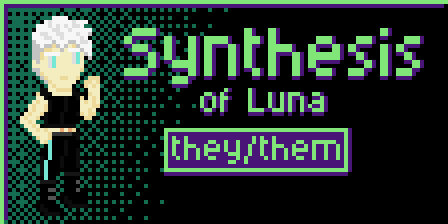 [image: pixel art sprite of a tall enby with white skin and white hair, shaved on the sides and longer on the top, with electronic eyes whose LEDs glow light blue, markings of implants under their skin are visible, they wear black boots, black pants with neon blue strips down the legs, and a black vest.] [text: Synthesis of Luna, they/them]